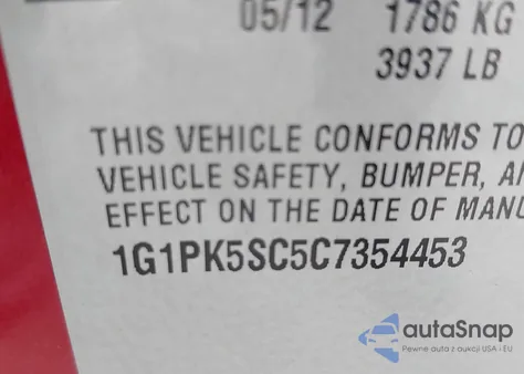 2012 Chevrolet Cruze Eco z USA, uszkodzony, nr VIN 1G1PK5SC5C7354453